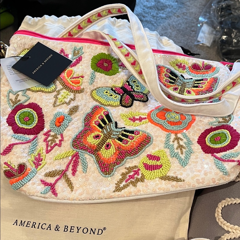 Embellished Butterfly Beaded Tote - Cream & Multicolor $89.00 on sale on website
